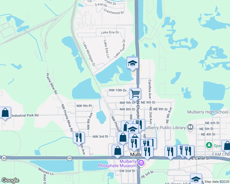 map of restaurants, bars, coffee shops, grocery stores, and more near 124 Northwest 10th Drive in Mulberry