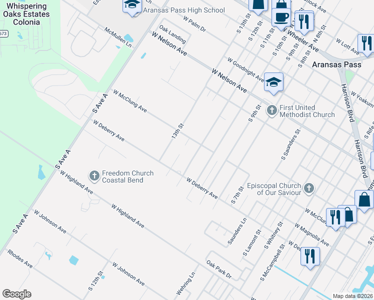 map of restaurants, bars, coffee shops, grocery stores, and more near 1004 South 12th Street in Aransas Pass