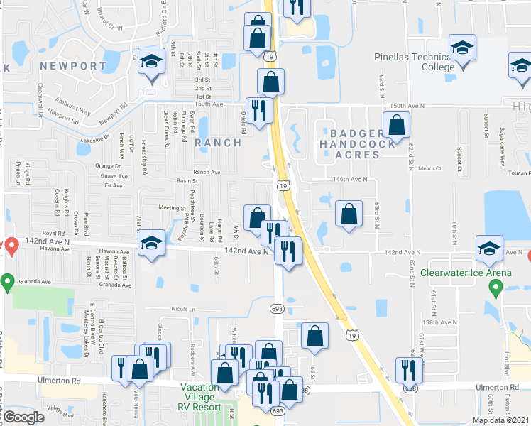 map of restaurants, bars, coffee shops, grocery stores, and more near 14414 66th Street North in Clearwater