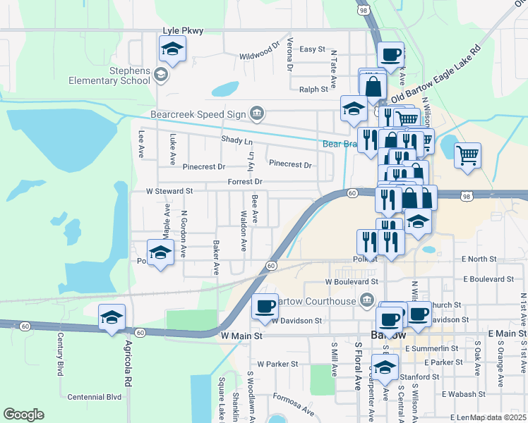 map of restaurants, bars, coffee shops, grocery stores, and more near 895 Childs Avenue in Bartow