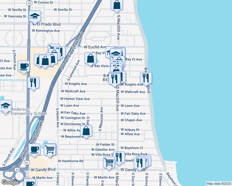 map of restaurants, bars, coffee shops, grocery stores, and more near 4301 South MacDill Avenue in Tampa