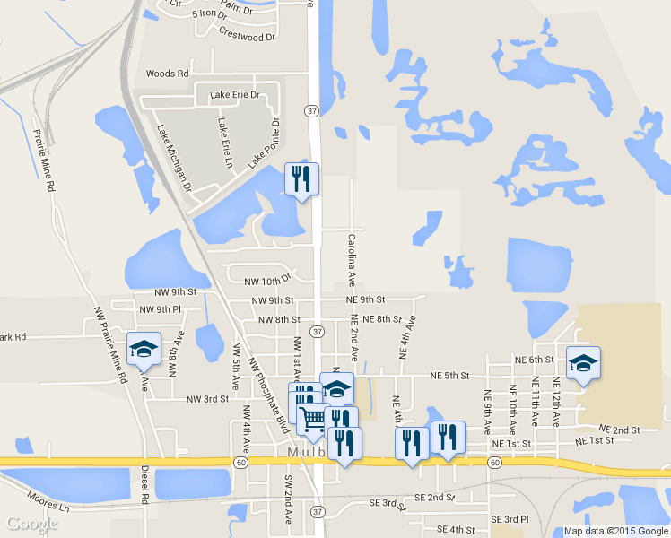 map of restaurants, bars, coffee shops, grocery stores, and more near 1001 North Church Avenue in Mulberry