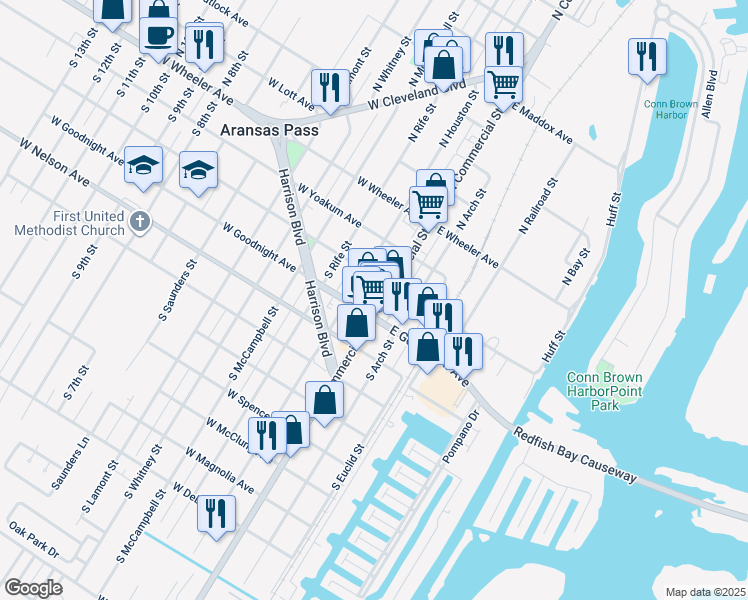 map of restaurants, bars, coffee shops, grocery stores, and more near 340 South Commercial Street in Aransas Pass