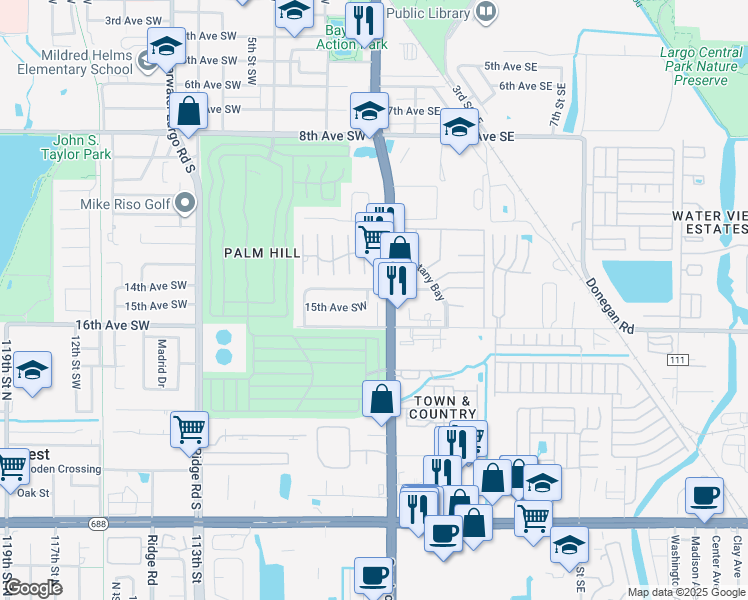 map of restaurants, bars, coffee shops, grocery stores, and more near 1412 1st Street Southwest in Largo