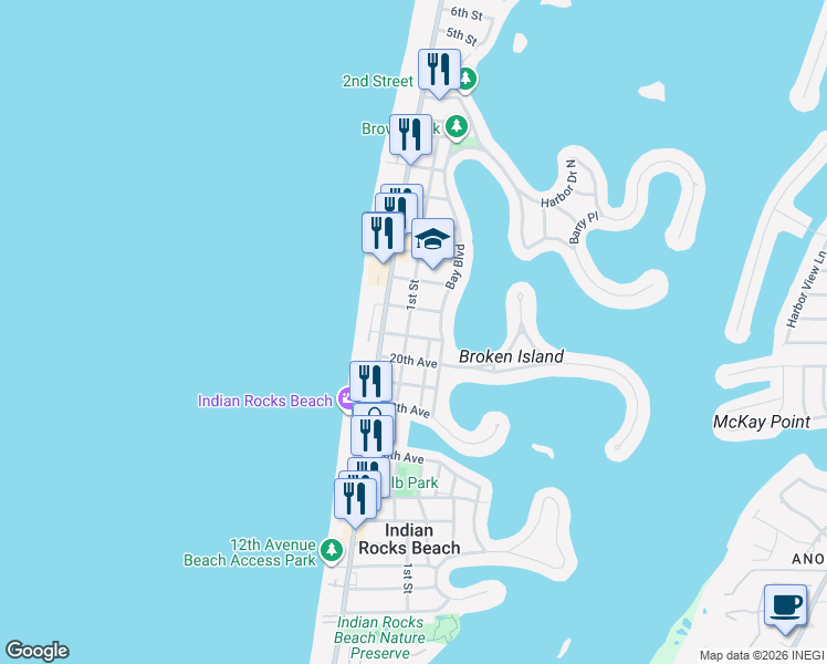 map of restaurants, bars, coffee shops, grocery stores, and more near 204 21st Avenue North in Indian Rocks Beach
