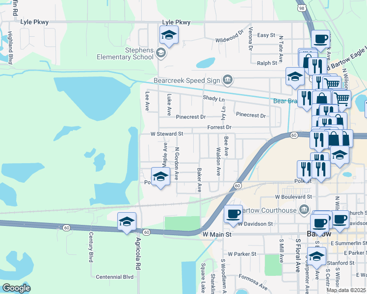 map of restaurants, bars, coffee shops, grocery stores, and more near 850 North Gordon Avenue in Bartow