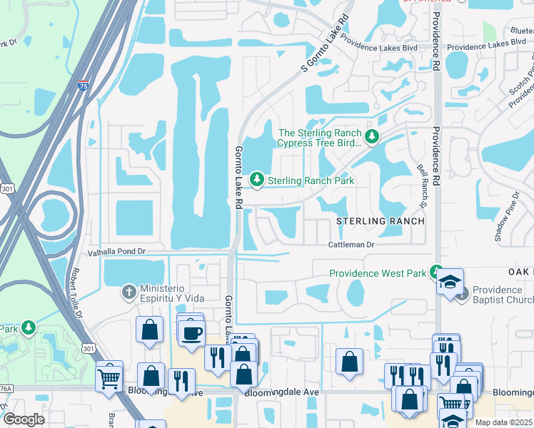 map of restaurants, bars, coffee shops, grocery stores, and more near 2421 Cattleman Drive in Brandon