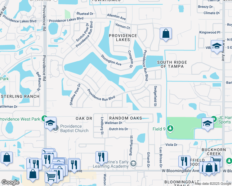 map of restaurants, bars, coffee shops, grocery stores, and more near 1908 Stanfield Drive in Brandon