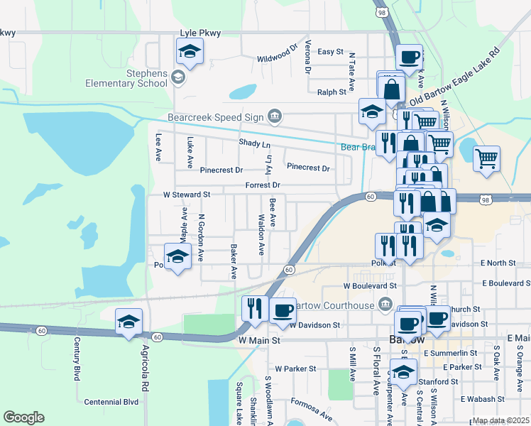 map of restaurants, bars, coffee shops, grocery stores, and more near 910 Waldon Avenue in Bartow
