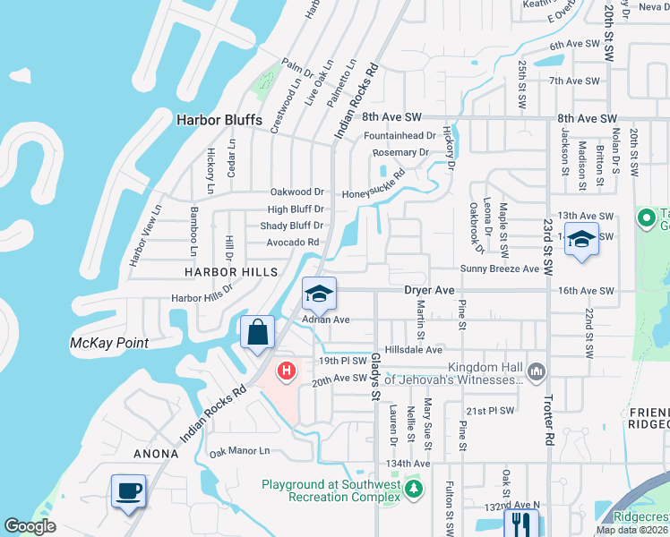 map of restaurants, bars, coffee shops, grocery stores, and more near 3431 Harbor Lake Drive in Largo