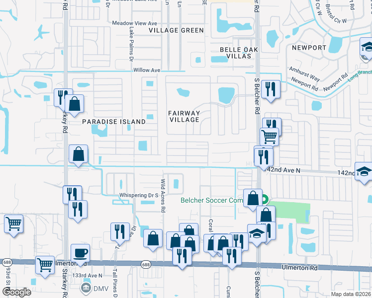 map of restaurants, bars, coffee shops, grocery stores, and more near 625 Fairway Boulevard in Largo
