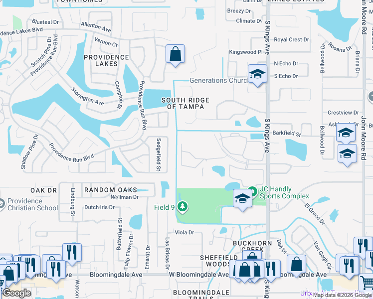 map of restaurants, bars, coffee shops, grocery stores, and more near 1024 Vista Cay Court in Brandon