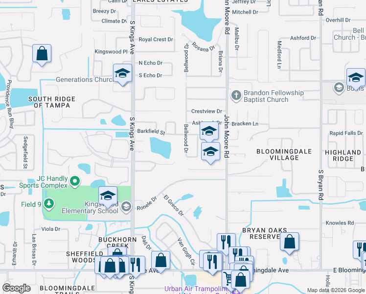 map of restaurants, bars, coffee shops, grocery stores, and more near 2808 Bellwood Drive in Brandon