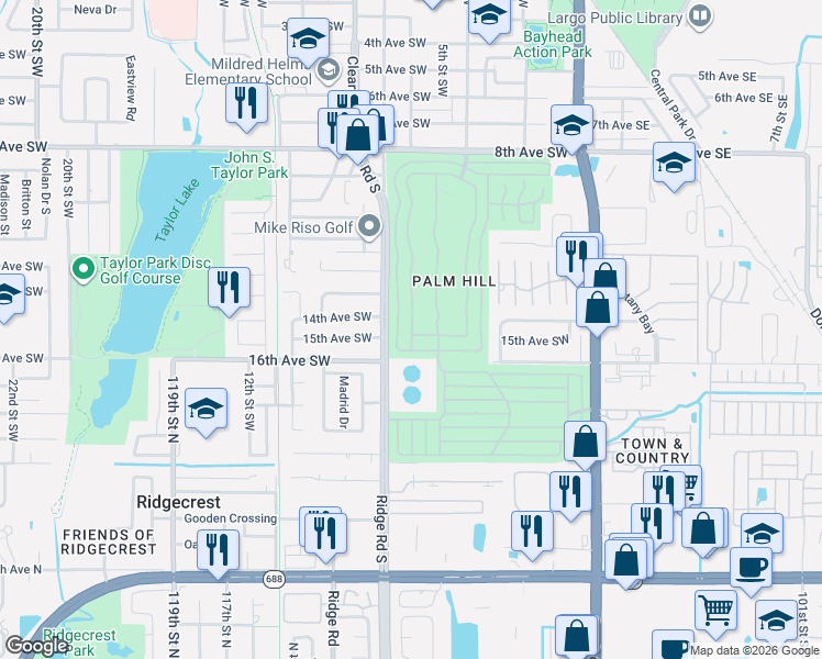 map of restaurants, bars, coffee shops, grocery stores, and more near 106 Thatch Palm Street West in Largo