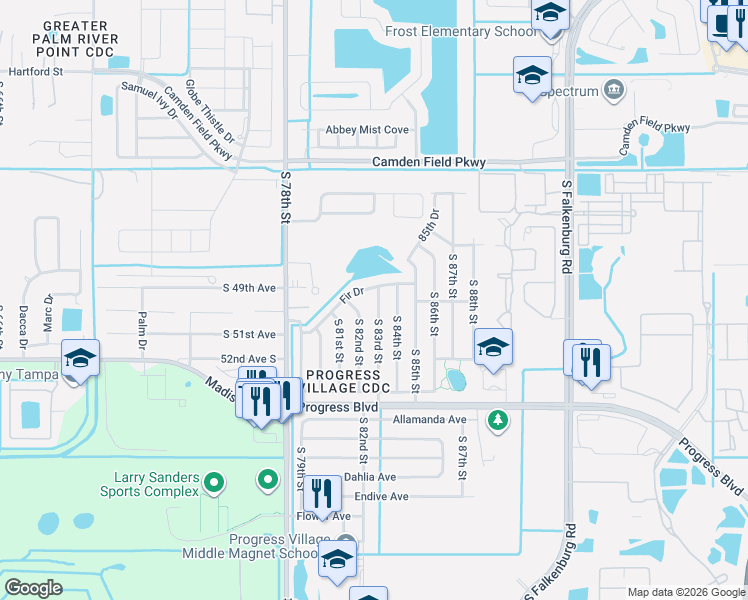 map of restaurants, bars, coffee shops, grocery stores, and more near 4905 South 83rd Street in Tampa