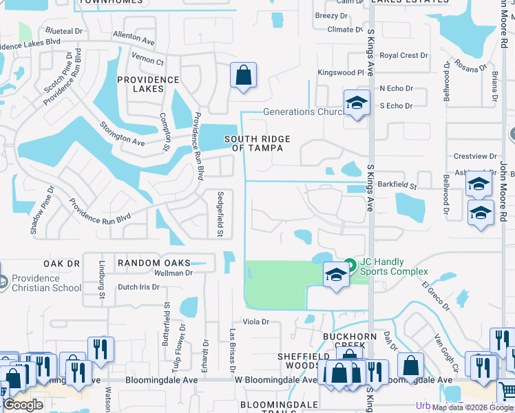 map of restaurants, bars, coffee shops, grocery stores, and more near 1040 Vista Cay Court in Brandon