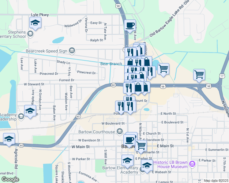 map of restaurants, bars, coffee shops, grocery stores, and more near 261 West Van Fleet Drive in Bartow