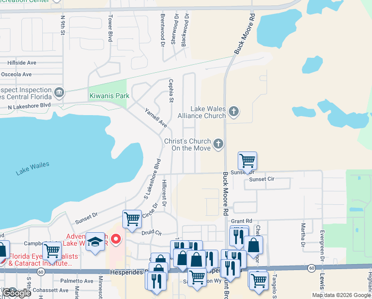 map of restaurants, bars, coffee shops, grocery stores, and more near 1316 Lake View Road in Lake Wales