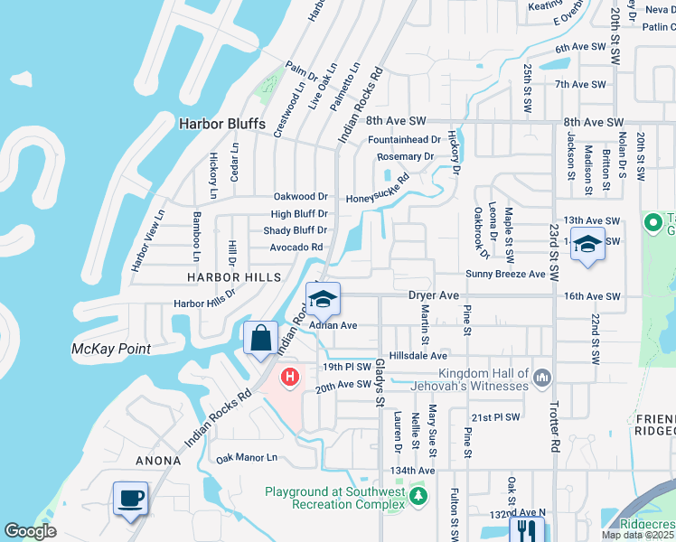 map of restaurants, bars, coffee shops, grocery stores, and more near 3433 Harbor Lake Drive in Largo