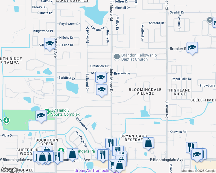 map of restaurants, bars, coffee shops, grocery stores, and more near 2813 John Moore Road in Brandon