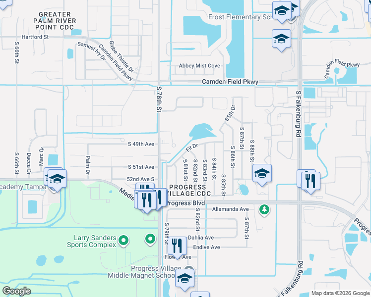 map of restaurants, bars, coffee shops, grocery stores, and more near 8104 Fir Drive in Tampa
