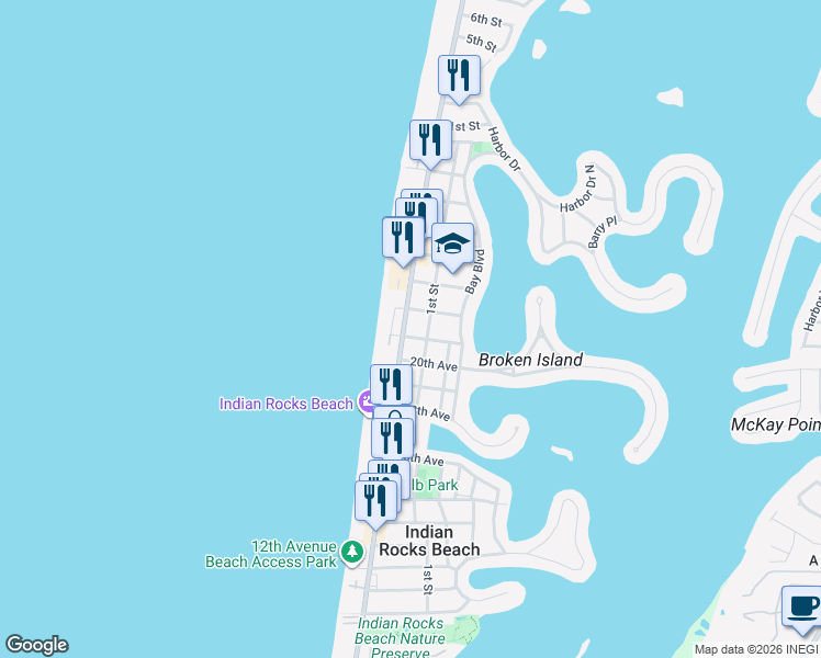 map of restaurants, bars, coffee shops, grocery stores, and more near 2 21st Avenue North in Indian Rocks Beach
