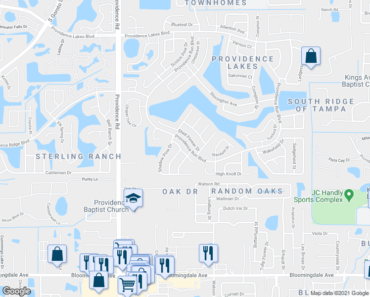 map of restaurants, bars, coffee shops, grocery stores, and more near 1617 Bent Pine Way in Brandon
