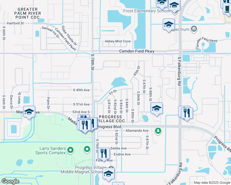 map of restaurants, bars, coffee shops, grocery stores, and more near 8205 Fir Drive in Tampa