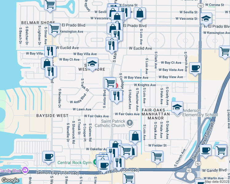 map of restaurants, bars, coffee shops, grocery stores, and more near 4216 South Manhattan Avenue in Tampa