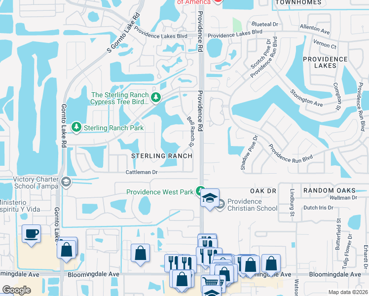 map of restaurants, bars, coffee shops, grocery stores, and more near 2005 Bell Ranch Street in Brandon