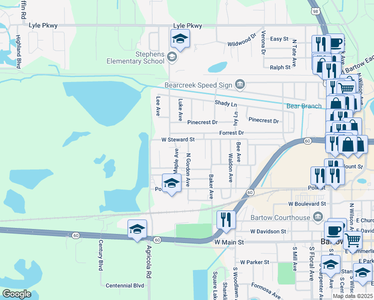 map of restaurants, bars, coffee shops, grocery stores, and more near 850 North Gordon Avenue in Bartow