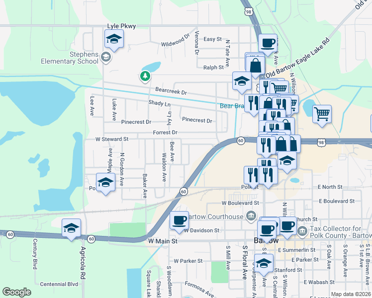 map of restaurants, bars, coffee shops, grocery stores, and more near 925 Ruby Avenue in Bartow