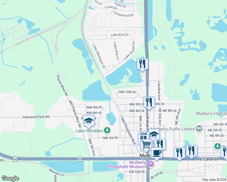map of restaurants, bars, coffee shops, grocery stores, and more near 153 Northwest 10th Drive in Mulberry