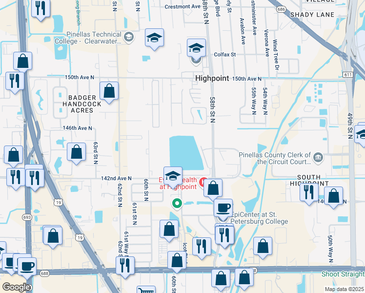 map of restaurants, bars, coffee shops, grocery stores, and more near 6021 142nd Avenue North in Clearwater