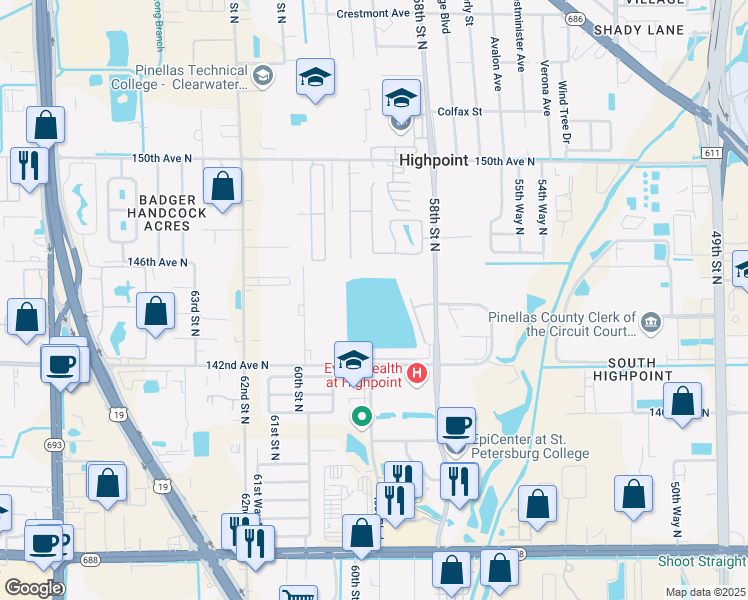 map of restaurants, bars, coffee shops, grocery stores, and more near 6021 142nd Avenue North in Clearwater