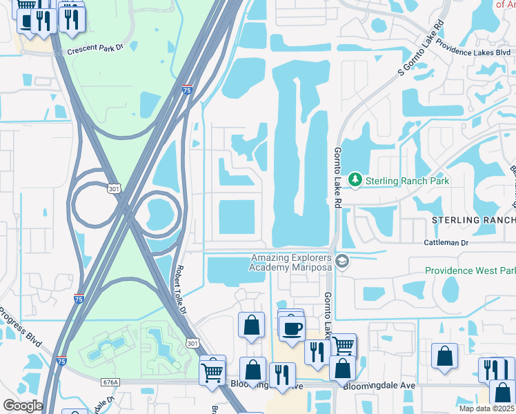 map of restaurants, bars, coffee shops, grocery stores, and more near 4827 Pond Ridge Drive in Riverview