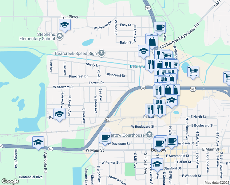 map of restaurants, bars, coffee shops, grocery stores, and more near 605 Dorothy Street in Bartow