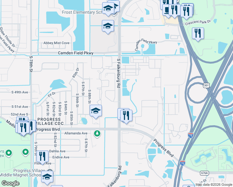 map of restaurants, bars, coffee shops, grocery stores, and more near 5016 White Sanderling Court in Tampa