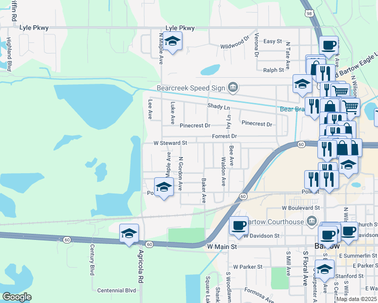map of restaurants, bars, coffee shops, grocery stores, and more near 850 North Gordon Avenue in Bartow