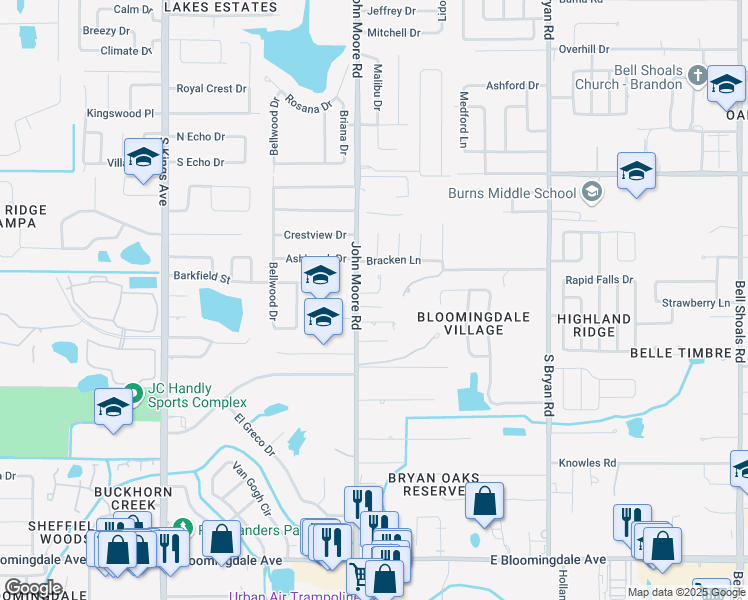 map of restaurants, bars, coffee shops, grocery stores, and more near 2813 John Moore Road in Brandon