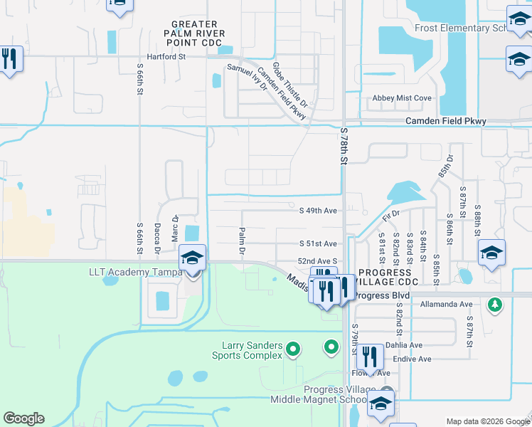 map of restaurants, bars, coffee shops, grocery stores, and more near 7111 South 49th Avenue in Tampa