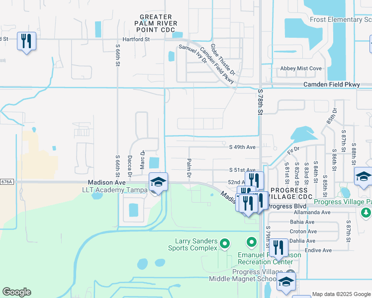 map of restaurants, bars, coffee shops, grocery stores, and more near 7028 South 49th Avenue in Tampa
