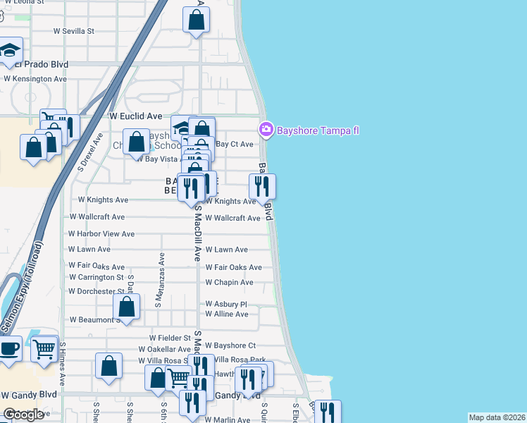 map of restaurants, bars, coffee shops, grocery stores, and more near 4201 Bayshore Boulevard in Tampa