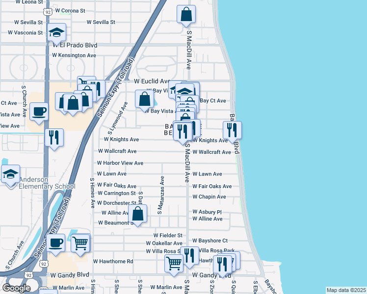 map of restaurants, bars, coffee shops, grocery stores, and more near 4301 South MacDill Avenue in Tampa