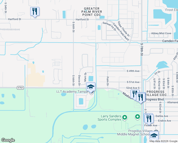 map of restaurants, bars, coffee shops, grocery stores, and more near 5013 Marc Drive in Tampa