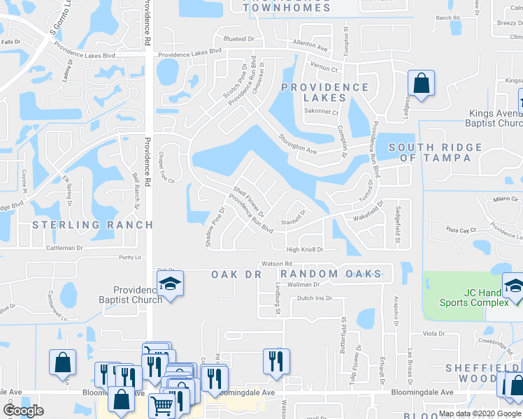 map of restaurants, bars, coffee shops, grocery stores, and more near 1404 Shell Flower Drive in Brandon