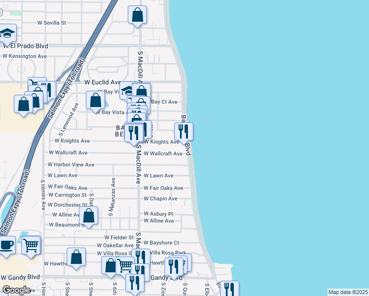 map of restaurants, bars, coffee shops, grocery stores, and more near 4301 Bayshore Boulevard in Tampa