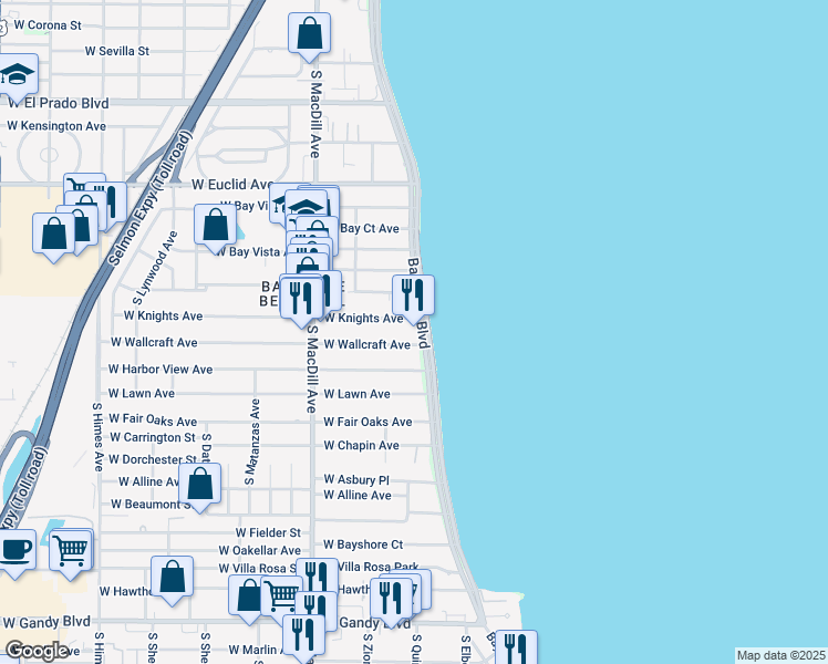 map of restaurants, bars, coffee shops, grocery stores, and more near 4301 Bayshore Boulevard in Tampa