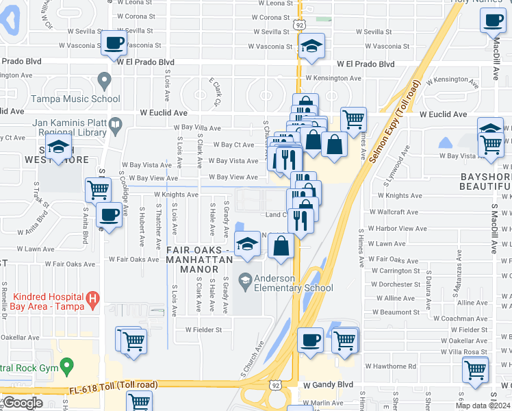 map of restaurants, bars, coffee shops, grocery stores, and more near 3817 North Oak Drive in Tampa