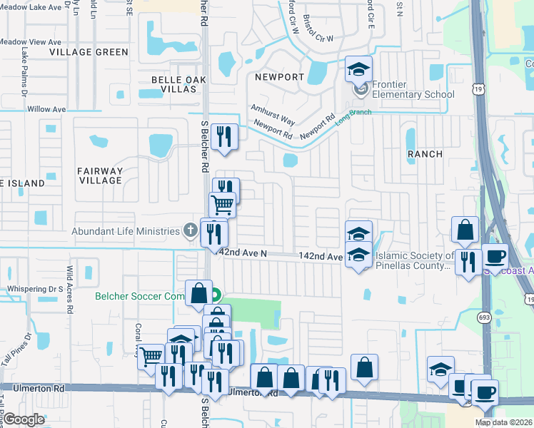 map of restaurants, bars, coffee shops, grocery stores, and more near Crown Cir in Largo